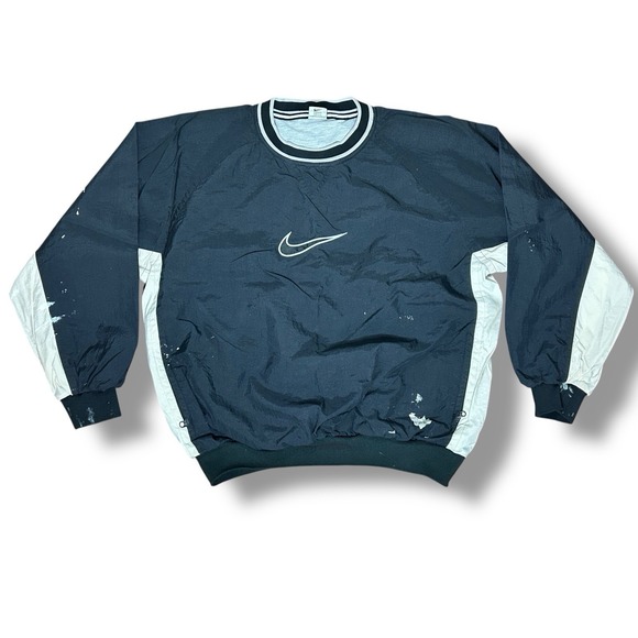 VTG 90's Nike WindbreakerPullover Center Swoosh Sz L Black‎ Fleece Lined PAINT